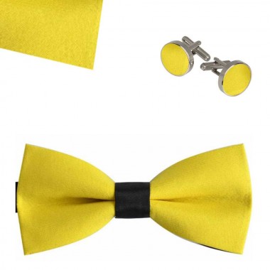 Set papion, butoni camasa, batista, galben, mijloc negru